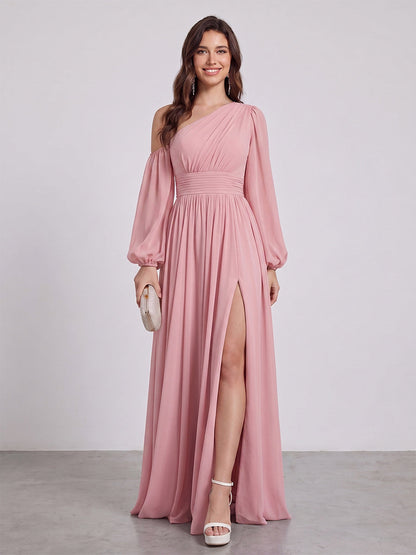 A-Line/Princess Floor-Length Long Sleeves Bridesmaid Dresses With Split Side & Sash