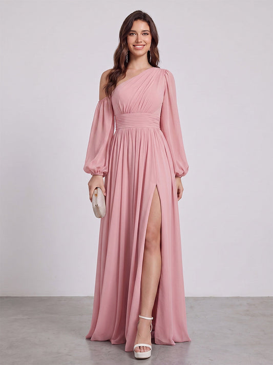 A-Line/Princess Floor-Length Long Sleeves Bridesmaid Dresses With Split Side & Sash