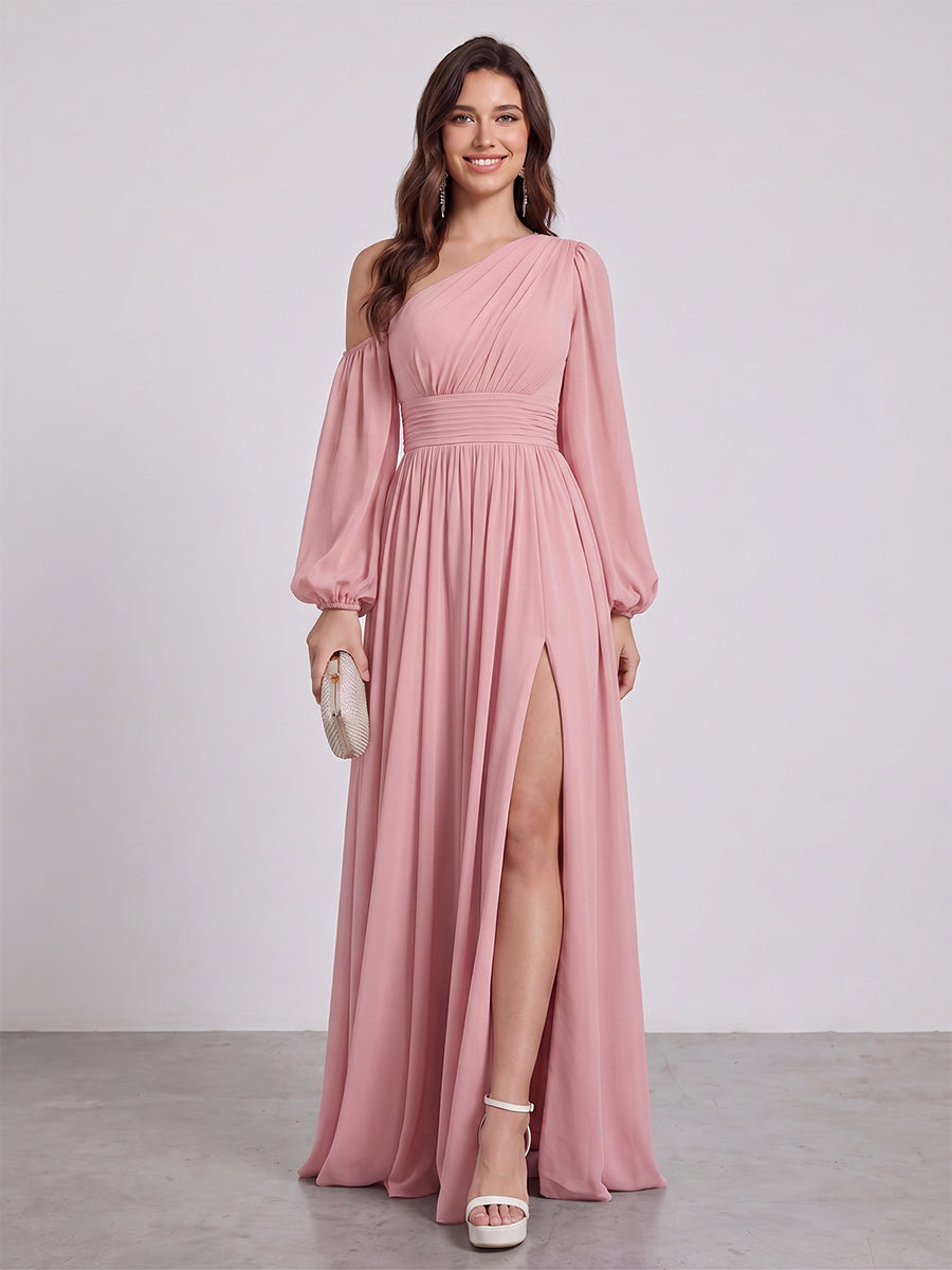 A-Line/Princess Floor-Length Long Sleeves Bridesmaid Dresses With Split Side & Sash