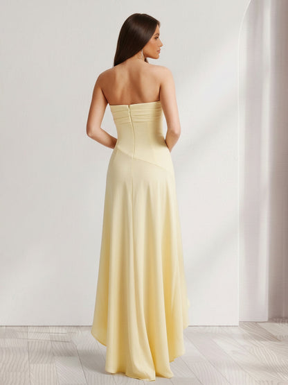 Sheath/Column Strapless Asymmetrical Bridesmaid Dresses with Split Side & Ruffles