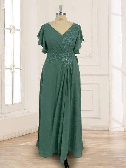 A-Line/Princess V-Neck Short Sleeves Appliques Ruched Mother of the Bride Dresses