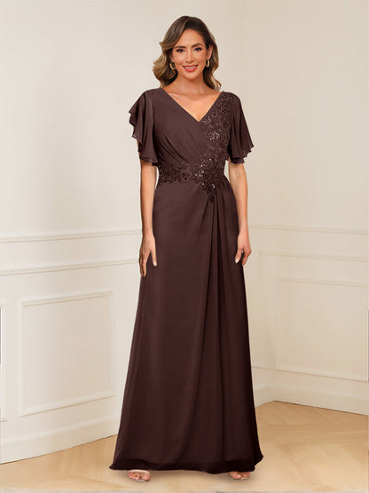 A-Line/Princess V-Neck Short Sleeves Appliques Ruched Mother of the Bride Dresses