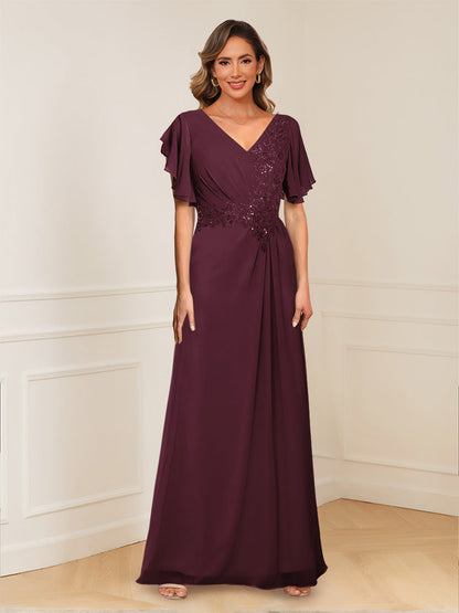 A-Line/Princess V-Neck Short Sleeves Appliques Ruched Mother of the Bride Dresses