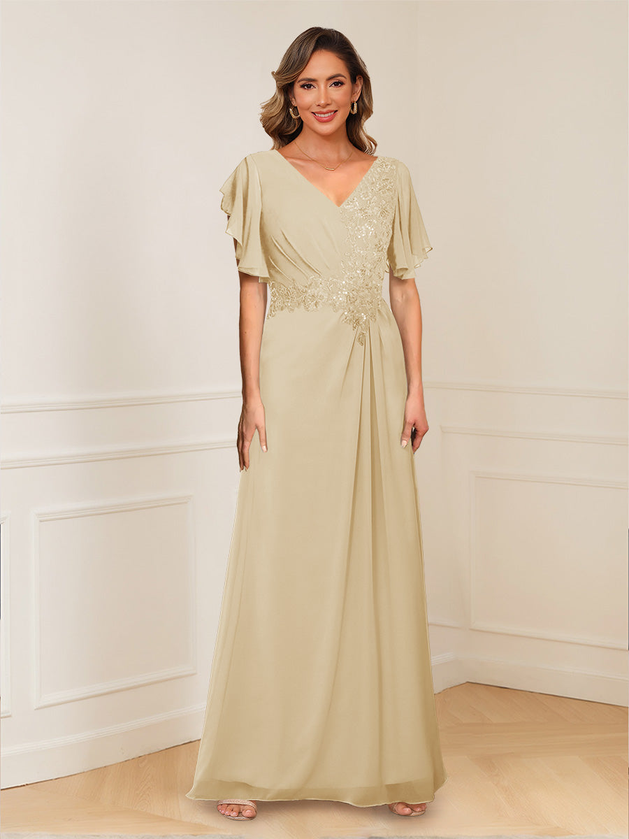 A-Line/Princess V-Neck Short Sleeves Appliques Ruched Mother of the Bride Dresses