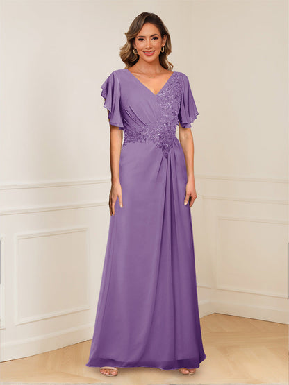 A-Line/Princess V-Neck Short Sleeves Appliques Ruched Mother of the Bride Dresses