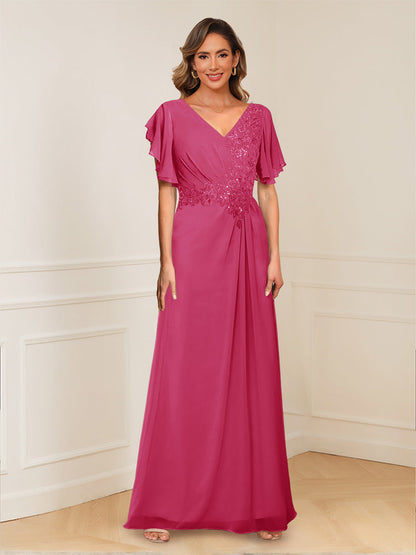 A-Line/Princess V-Neck Short Sleeves Appliques Ruched Mother of the Bride Dresses