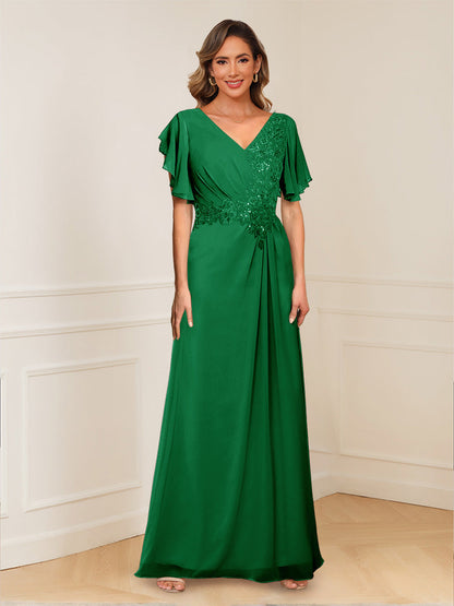 A-Line/Princess V-Neck Short Sleeves Appliques Ruched Mother of the Bride Dresses