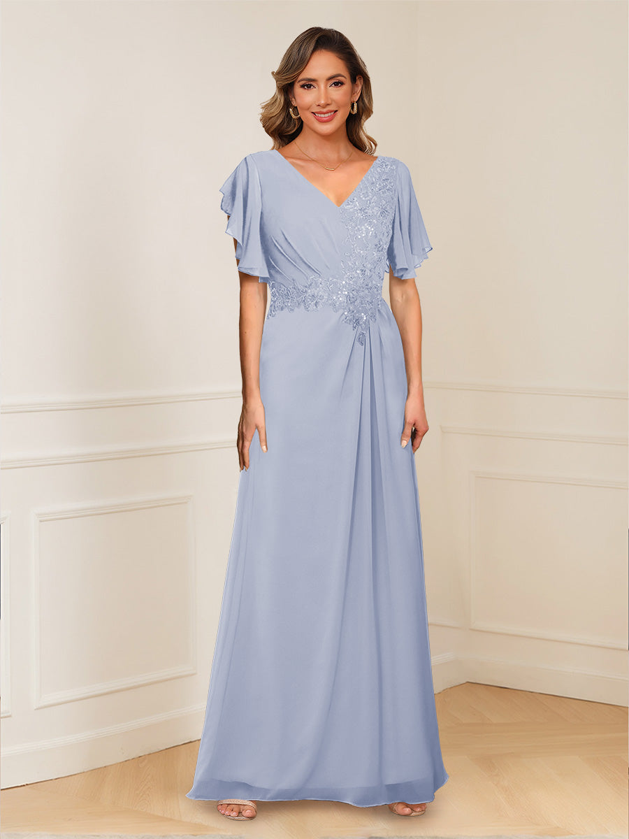 A-Line/Princess V-Neck Short Sleeves Appliques Ruched Mother of the Bride Dresses