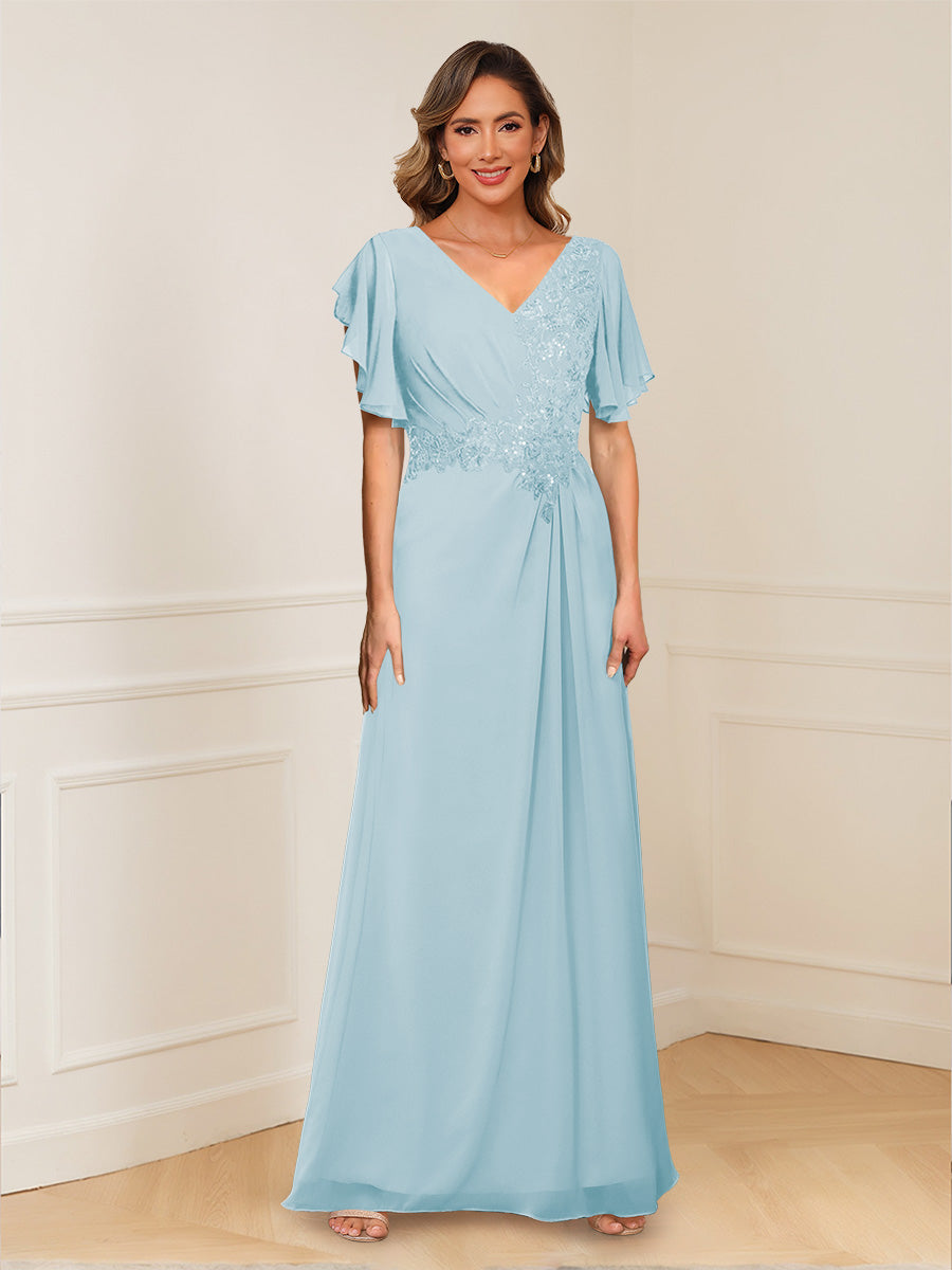 A-Line/Princess V-Neck Short Sleeves Appliques Ruched Mother of the Bride Dresses
