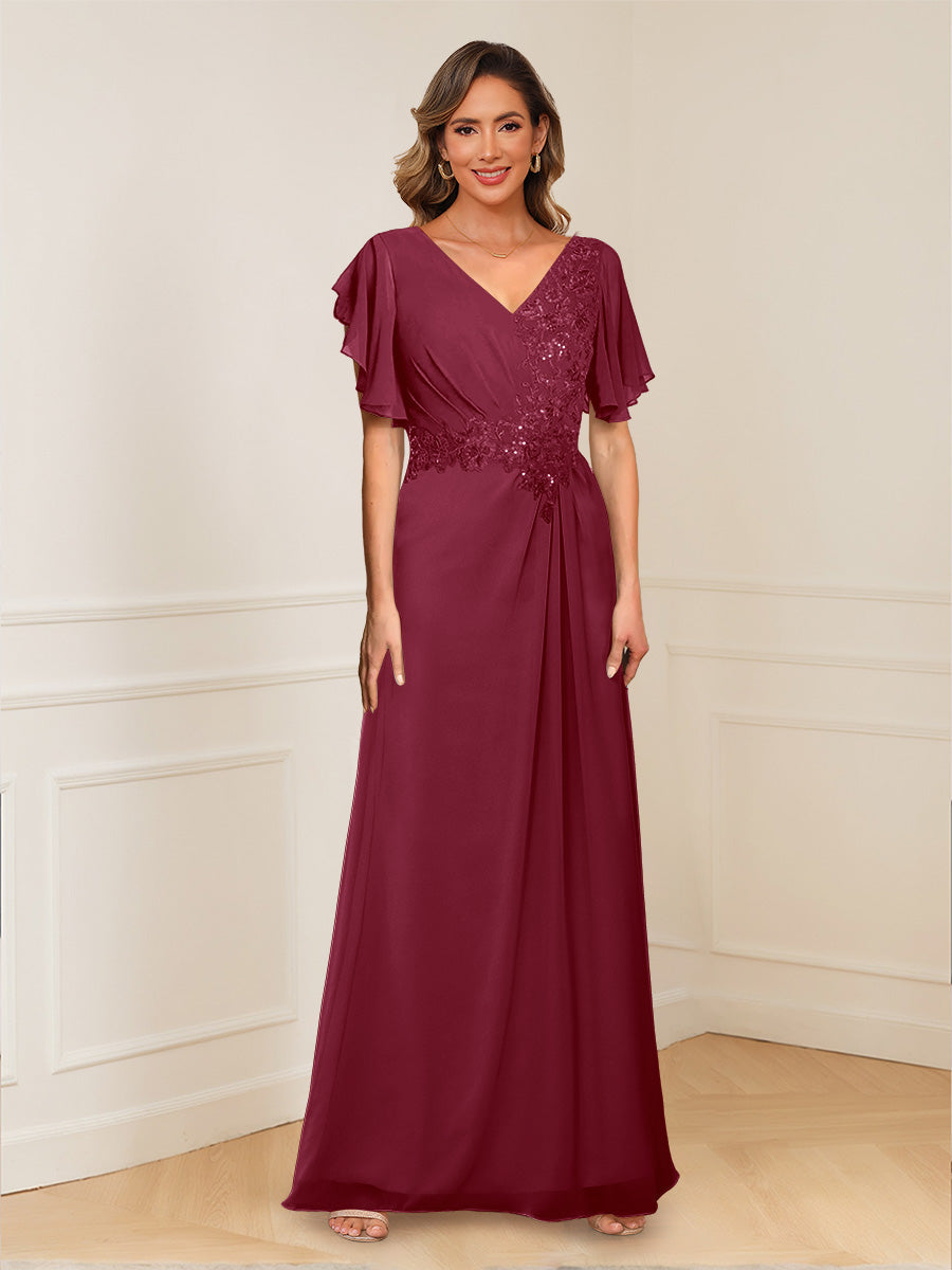 A-Line/Princess V-Neck Short Sleeves Appliques Ruched Mother of the Bride Dresses