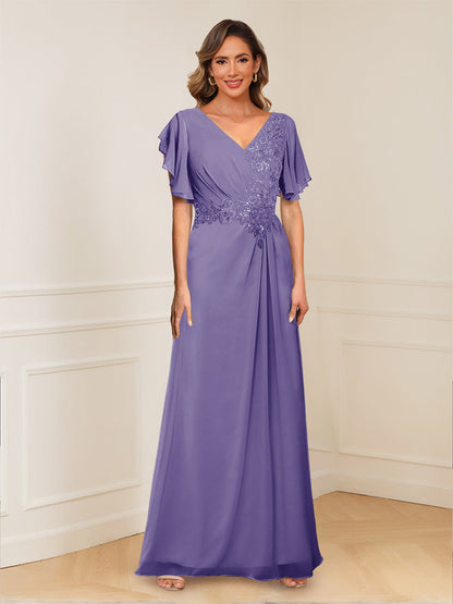 A-Line/Princess V-Neck Short Sleeves Appliques Ruched Mother of the Bride Dresses