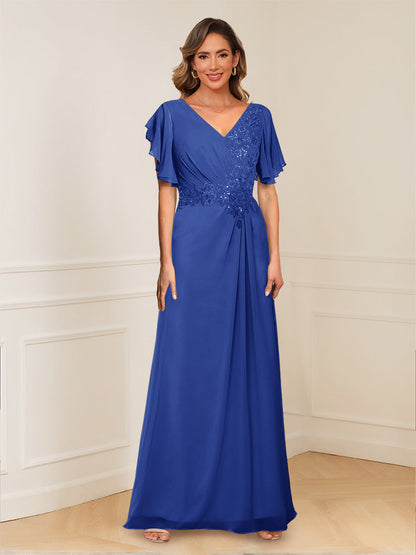 A-Line/Princess V-Neck Short Sleeves Appliques Ruched Mother of the Bride Dresses
