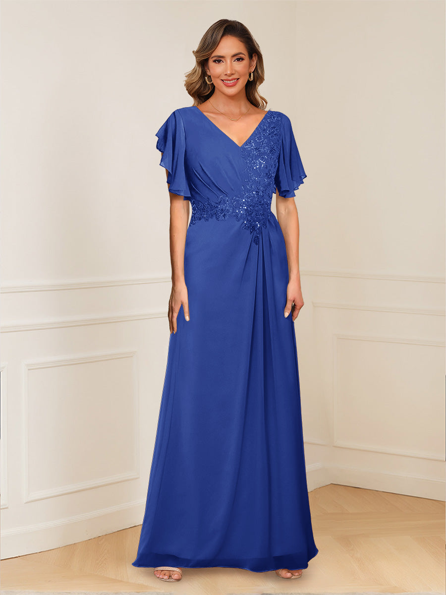 A-Line/Princess V-Neck Short Sleeves Appliques Ruched Mother of the Bride Dresses