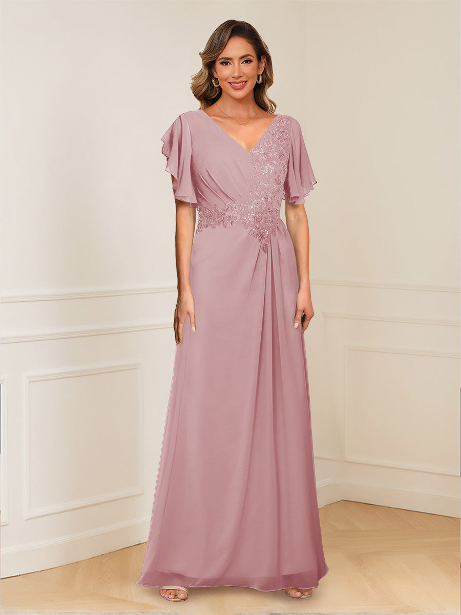 A-Line/Princess V-Neck Short Sleeves Appliques Ruched Mother of the Bride Dresses