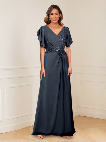 A-Line/Princess V-Neck Short Sleeves Appliques Ruched Mother of the Bride Dresses