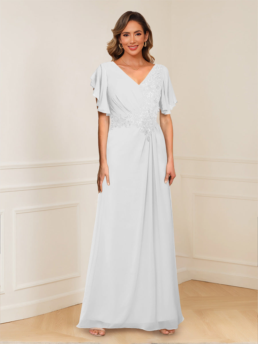 A-Line/Princess V-Neck Short Sleeves Appliques Ruched Mother of the Bride Dresses