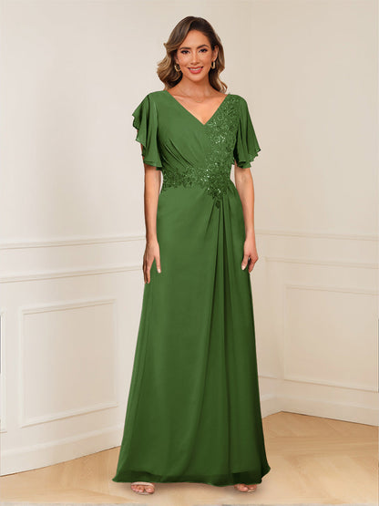 A-Line/Princess V-Neck Short Sleeves Appliques Ruched Mother of the Bride Dresses