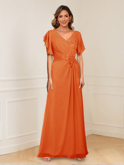 A-Line/Princess V-Neck Short Sleeves Appliques Ruched Mother of the Bride Dresses