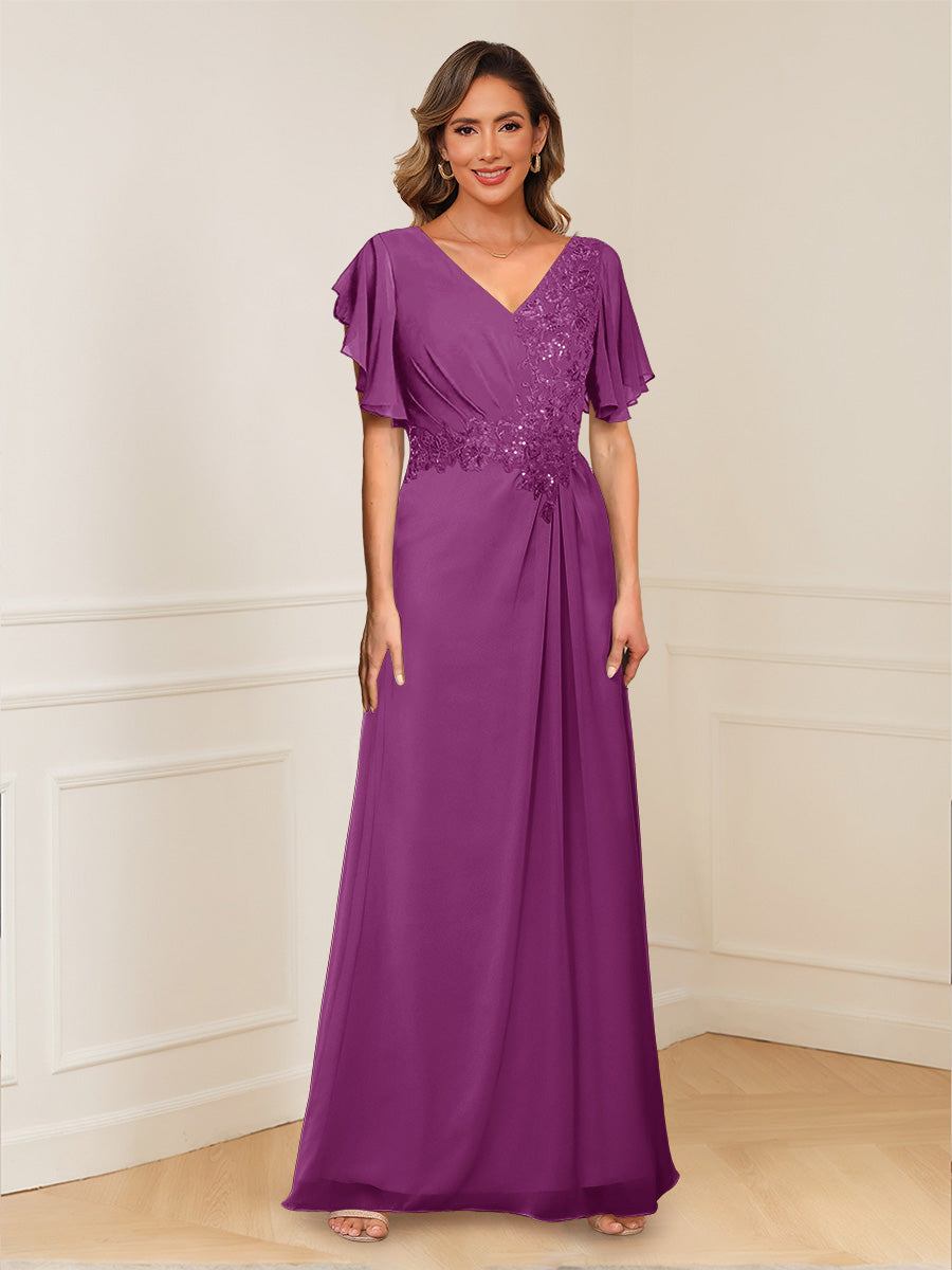 A-Line/Princess V-Neck Short Sleeves Appliques Ruched Mother of the Bride Dresses