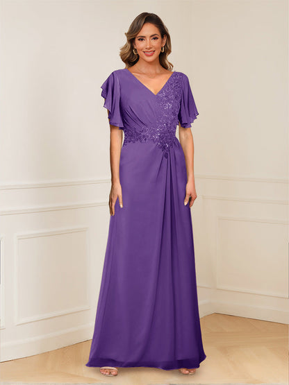 A-Line/Princess V-Neck Short Sleeves Appliques Ruched Mother of the Bride Dresses