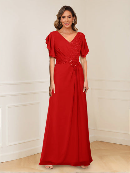 A-Line/Princess V-Neck Short Sleeves Appliques Ruched Mother of the Bride Dresses