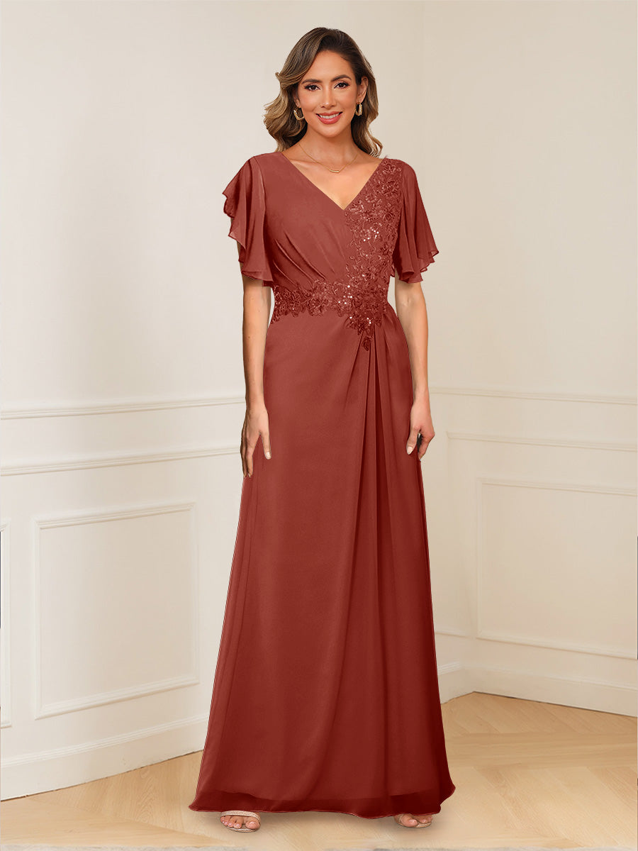 A-Line/Princess V-Neck Short Sleeves Appliques Ruched Mother of the Bride Dresses