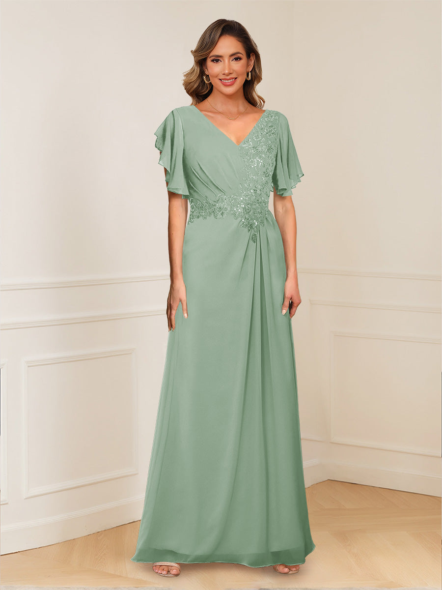 A-Line/Princess V-Neck Short Sleeves Appliques Ruched Mother of the Bride Dresses