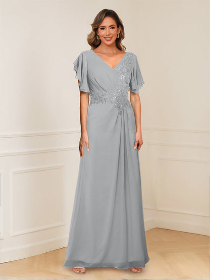 A-Line/Princess V-Neck Short Sleeves Appliques Ruched Mother of the Bride Dresses