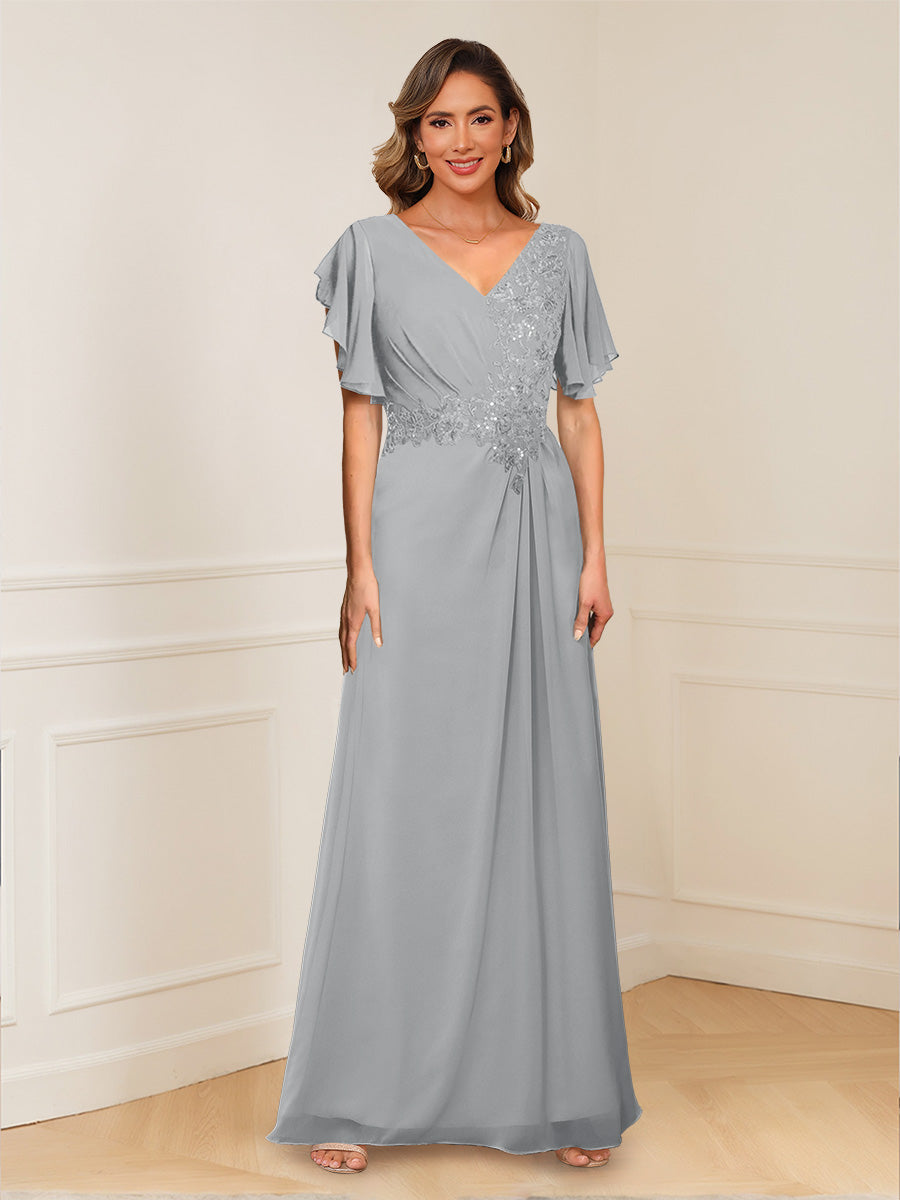 A-Line/Princess V-Neck Short Sleeves Appliques Ruched Mother of the Bride Dresses