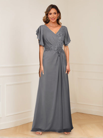 A-Line/Princess V-Neck Short Sleeves Appliques Ruched Mother of the Bride Dresses