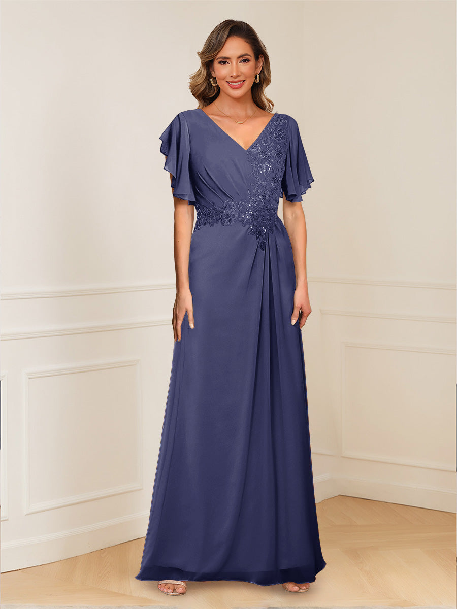 A-Line/Princess V-Neck Short Sleeves Appliques Ruched Mother of the Bride Dresses