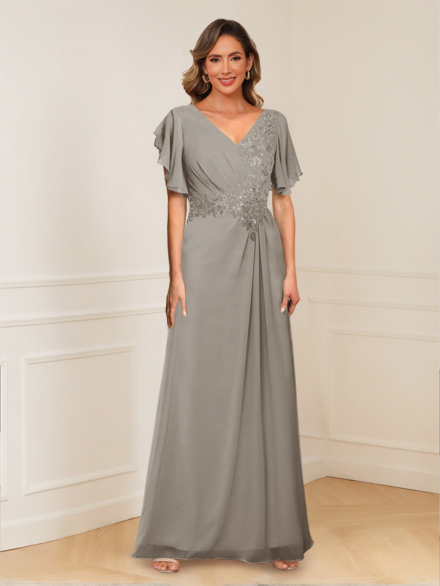 A-Line/Princess V-Neck Short Sleeves Appliques Ruched Mother of the Bride Dresses