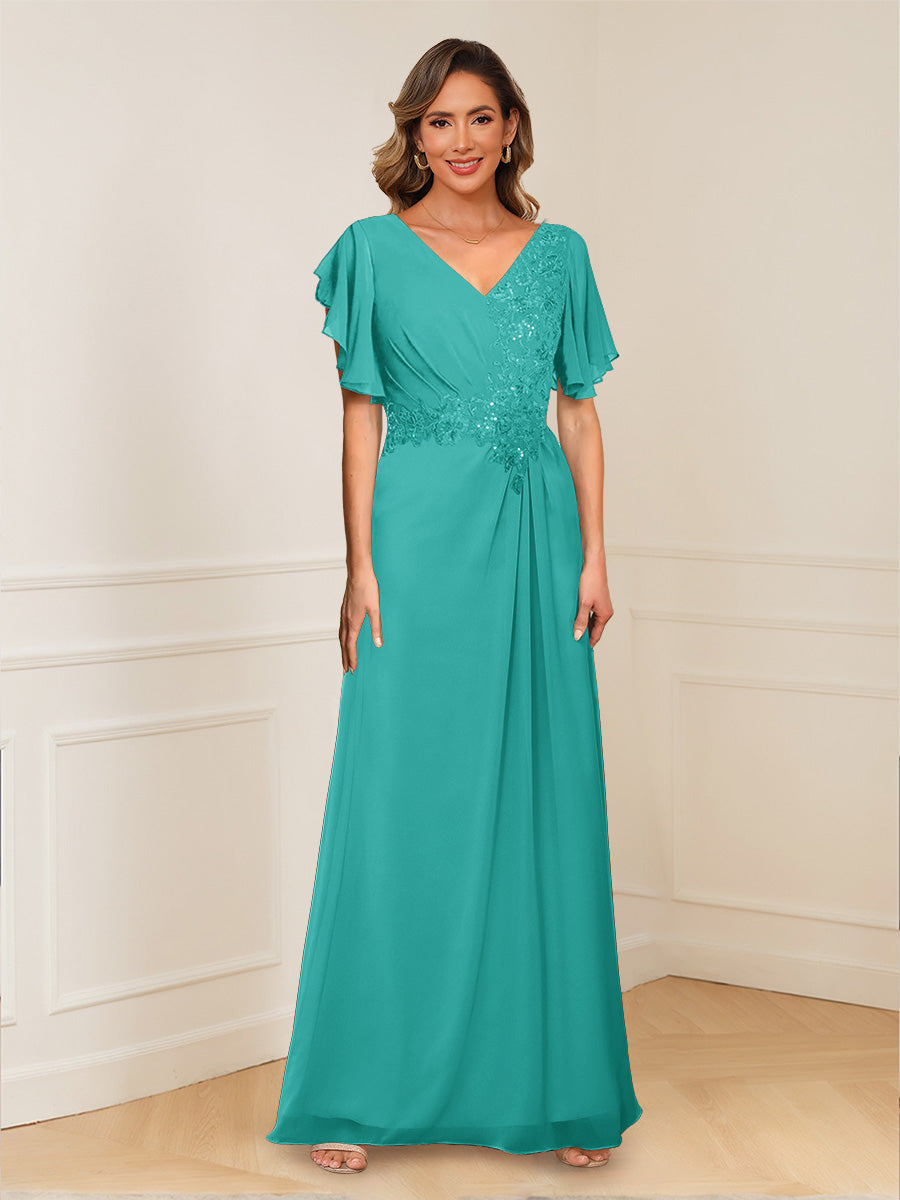 A-Line/Princess V-Neck Short Sleeves Appliques Ruched Mother of the Bride Dresses