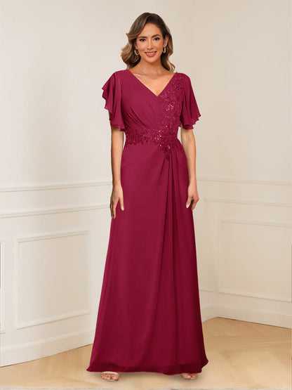 A-Line/Princess V-Neck Short Sleeves Appliques Ruched Mother of the Bride Dresses