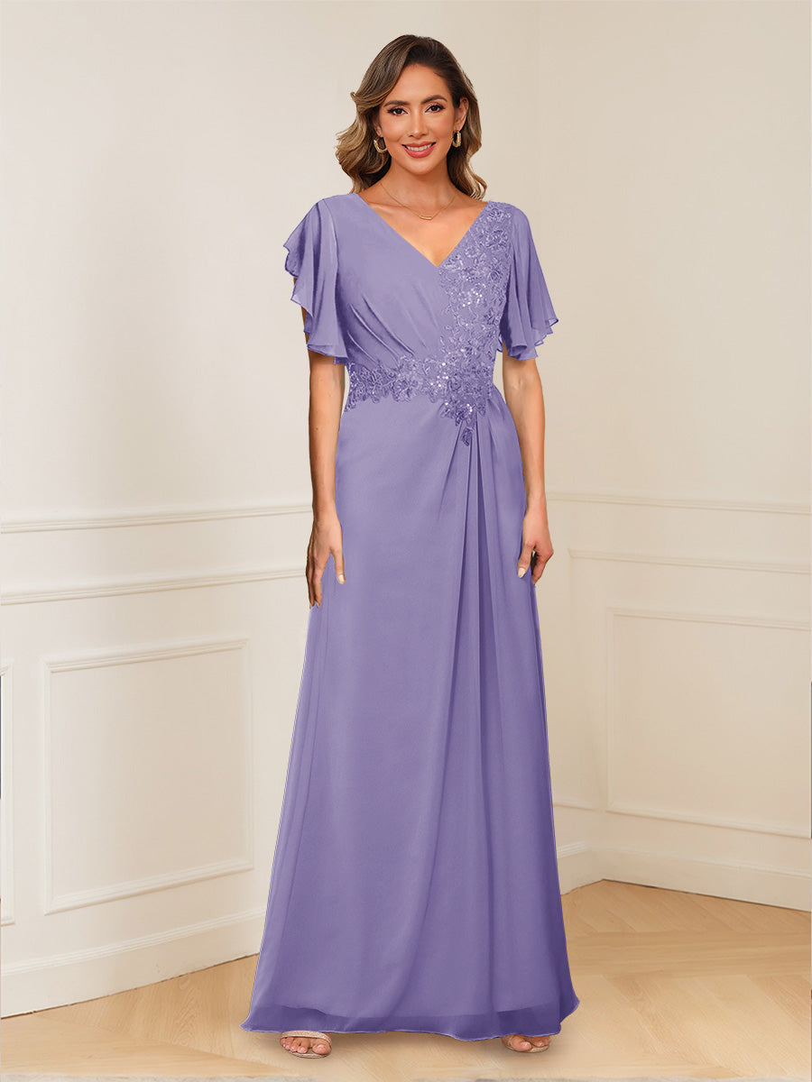 A-Line/Princess V-Neck Short Sleeves Appliques Ruched Mother of the Bride Dresses