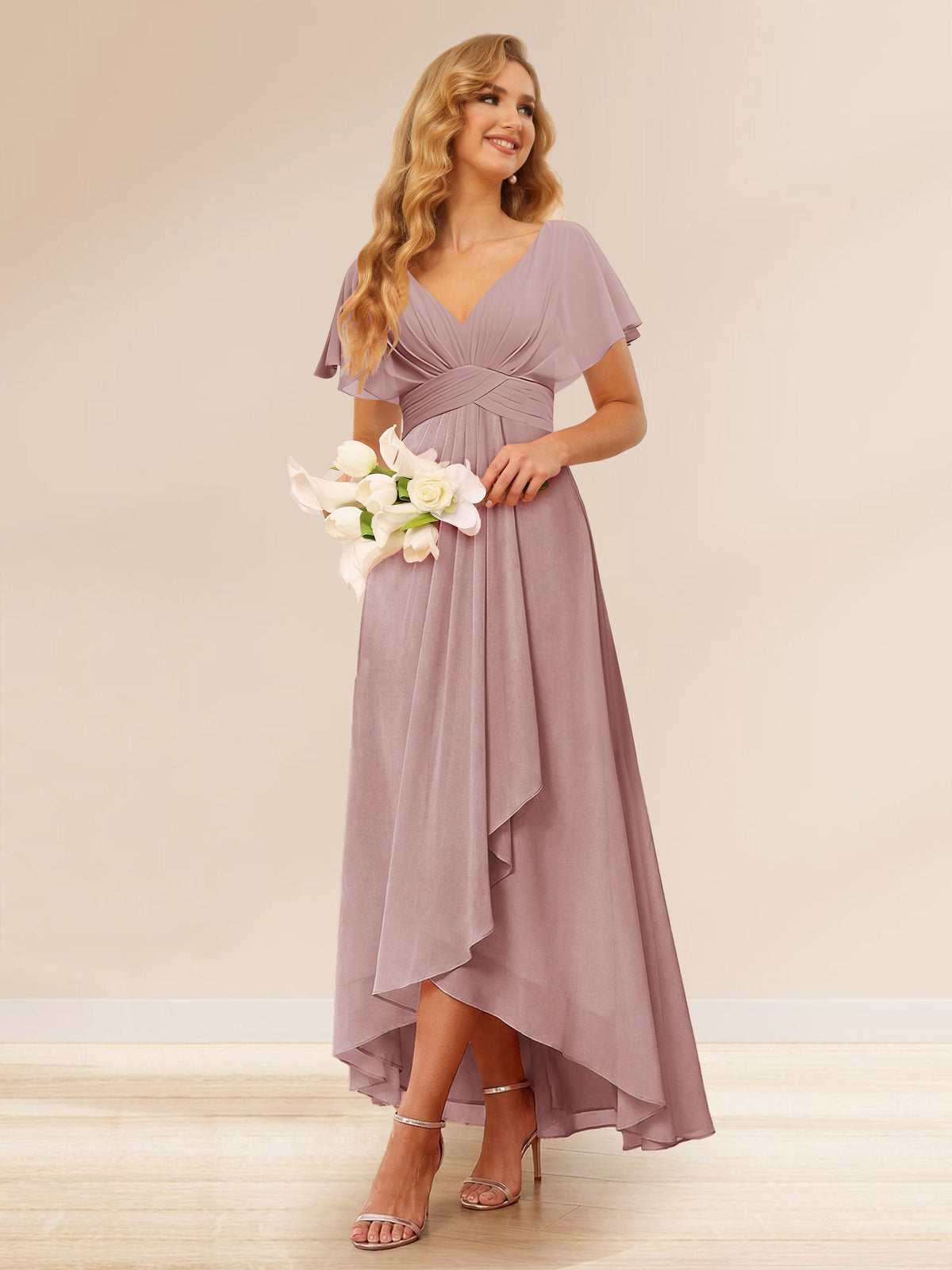 A-Line/Princess V-Neck Short Sleeves Asymmetrical Chiffon Bridesmaid Dresses with Ruffles & Ruched