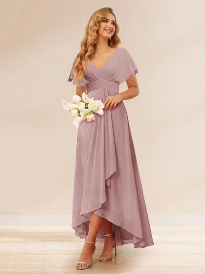 A-Line/Princess V-Neck Short Sleeves Asymmetrical Chiffon Bridesmaid Dresses with Ruffles & Ruched