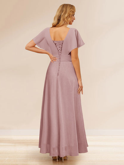 A-Line/Princess V-Neck Short Sleeves Asymmetrical Chiffon Bridesmaid Dresses with Ruffles & Ruched