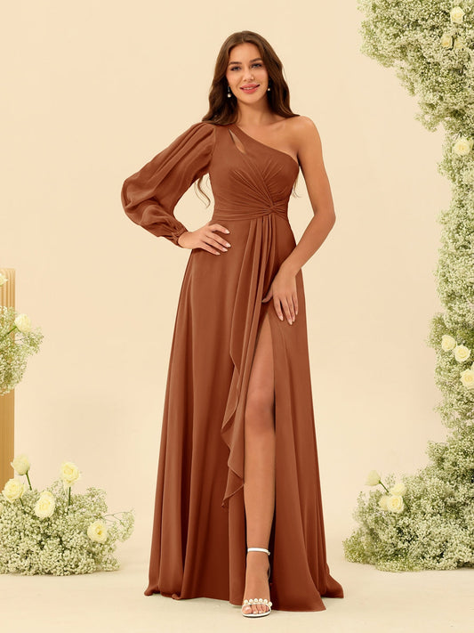 A-Line/Princess One-Shoulder Long Bridesmaid Dresses with Split Side