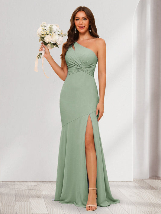A-Line/Princess One-Shoulder Sleeveless Floor-Length Bridesmaid Dresses with Split Side & Ruched