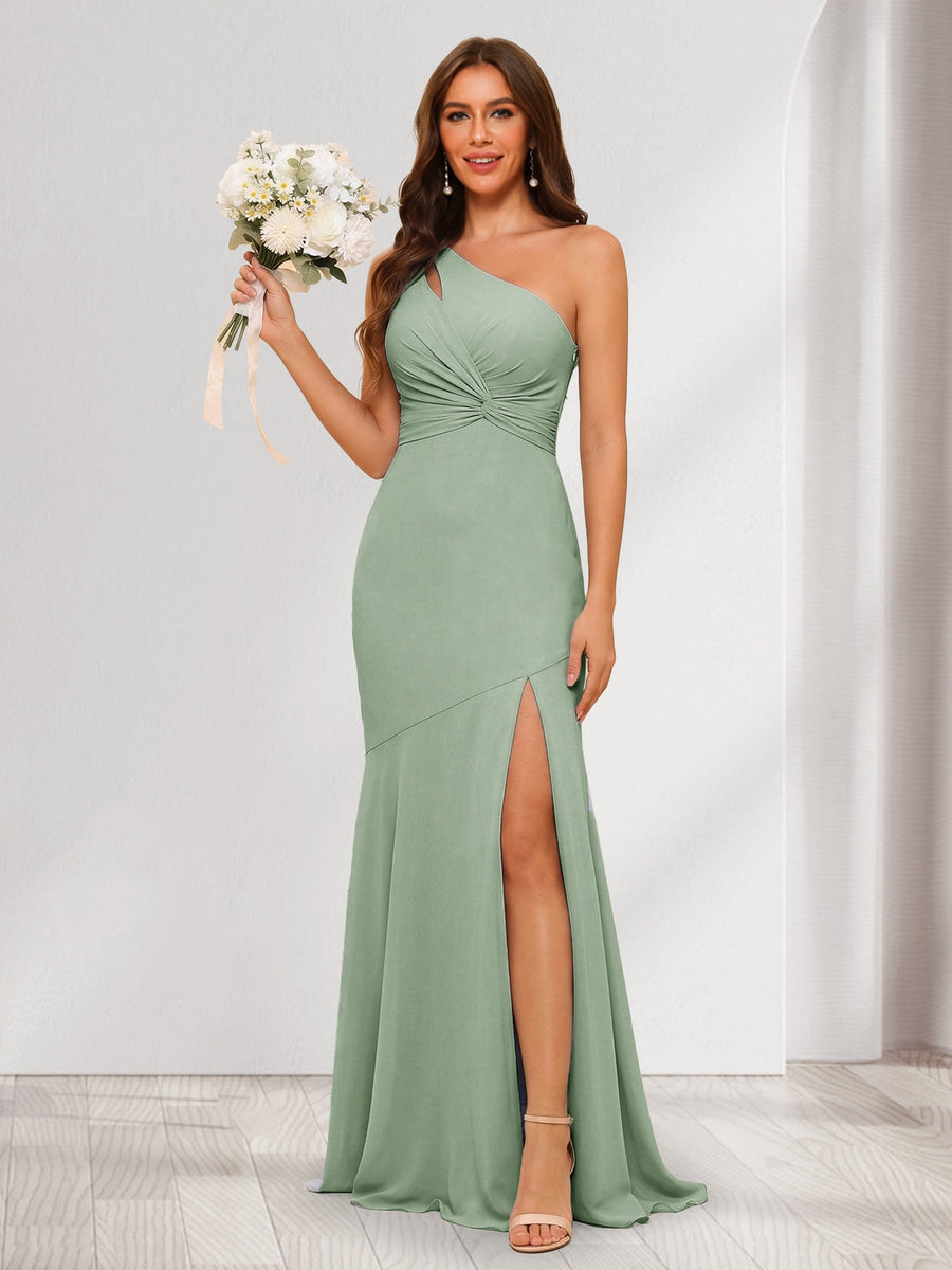 A-Line/Princess One-Shoulder Sleeveless Floor-Length Bridesmaid Dresses with Split Side & Ruched