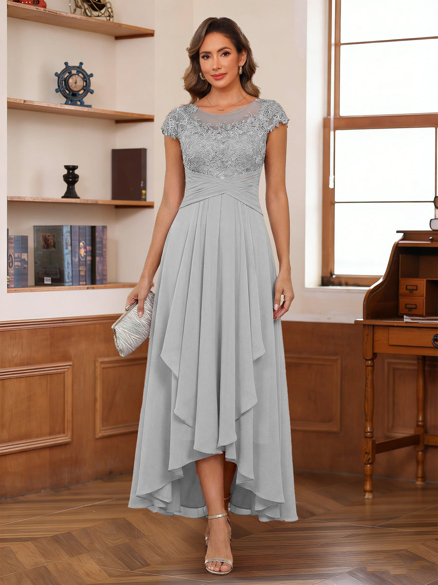 A-Line/Princess Scoop Short Sleeves Mother of the Bride Dresses with Applique & Ruffles