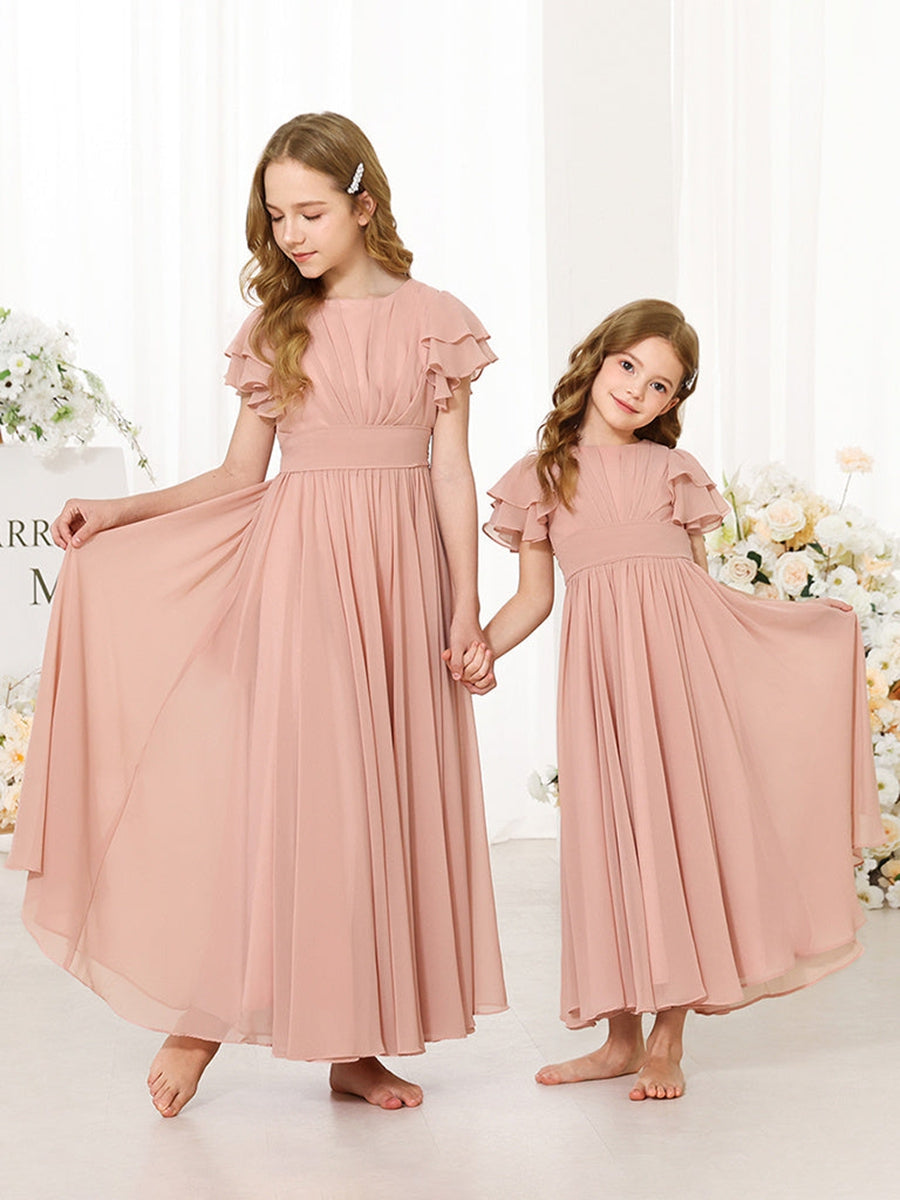 A-Line/Princess Chiffon Short Sleeves Scoop Neck Ankle-Length Junior Bridesmaid Dresses