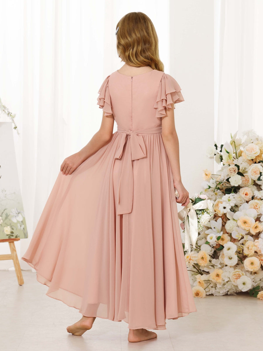 A-Line/Princess Chiffon Short Sleeves Scoop Neck Ankle-Length Junior Bridesmaid Dresses