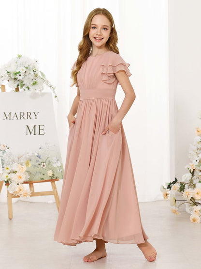 A-Line/Princess Chiffon Short Sleeves Scoop Neck Ankle-Length Junior Bridesmaid Dresses