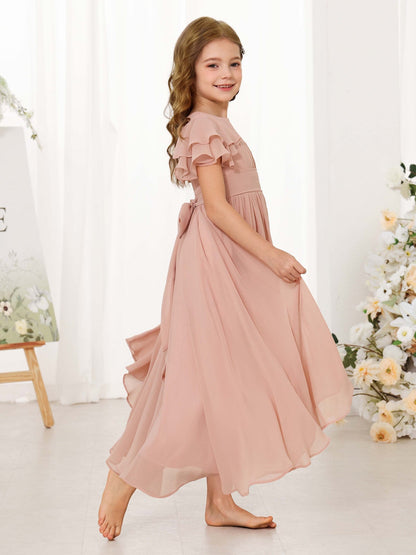 A-Line/Princess Chiffon Short Sleeves Scoop Neck Ankle-Length Junior Bridesmaid Dresses