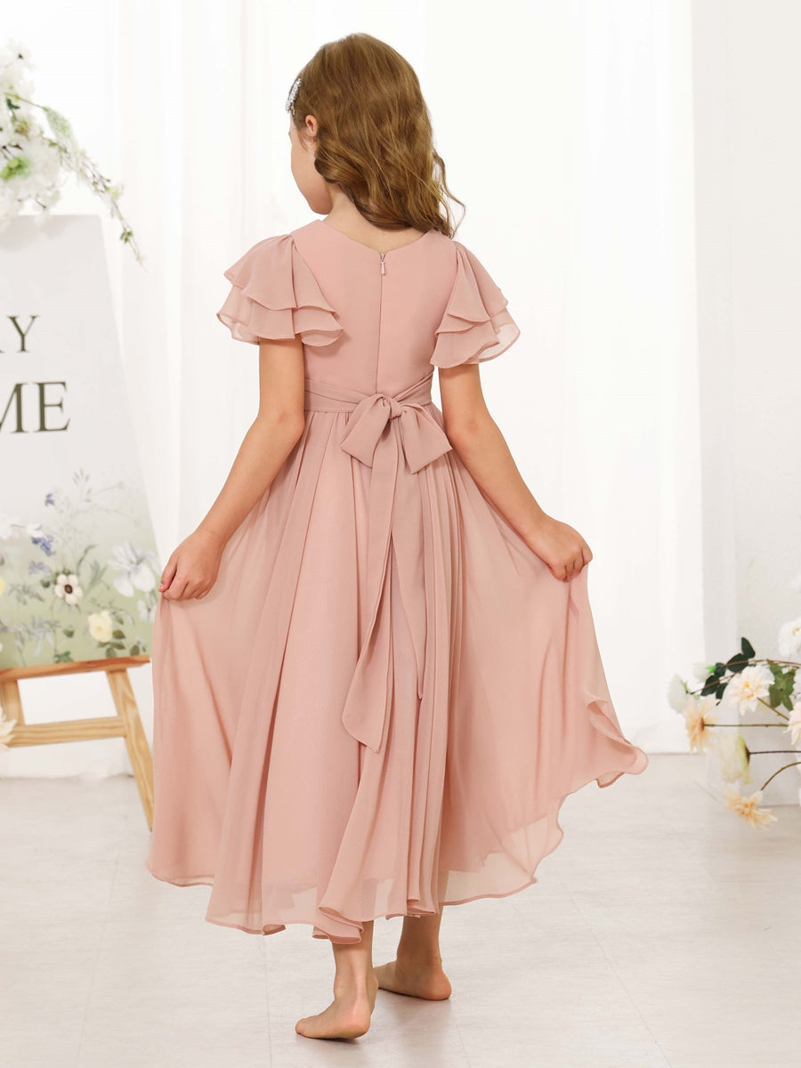A-Line/Princess Chiffon Short Sleeves Scoop Neck Ankle-Length Junior Bridesmaid Dresses