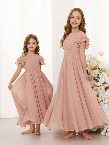 A-Line/Princess Chiffon Short Sleeves Scoop Neck Ankle-Length Junior Bridesmaid Dresses