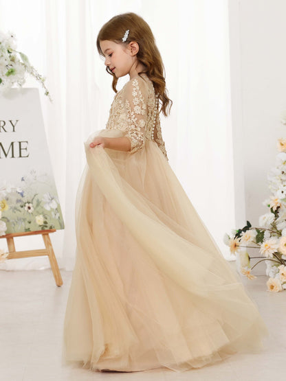 A-Line/Princess Lace 3/4 Sleeves Scoop Neck Floor-Length Flower Girl Dresses