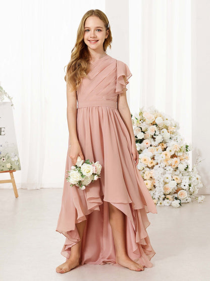 A-Line/Princess Chiffon Short Sleeves One-shoulder Asymmetrical Flower Girl Dresses